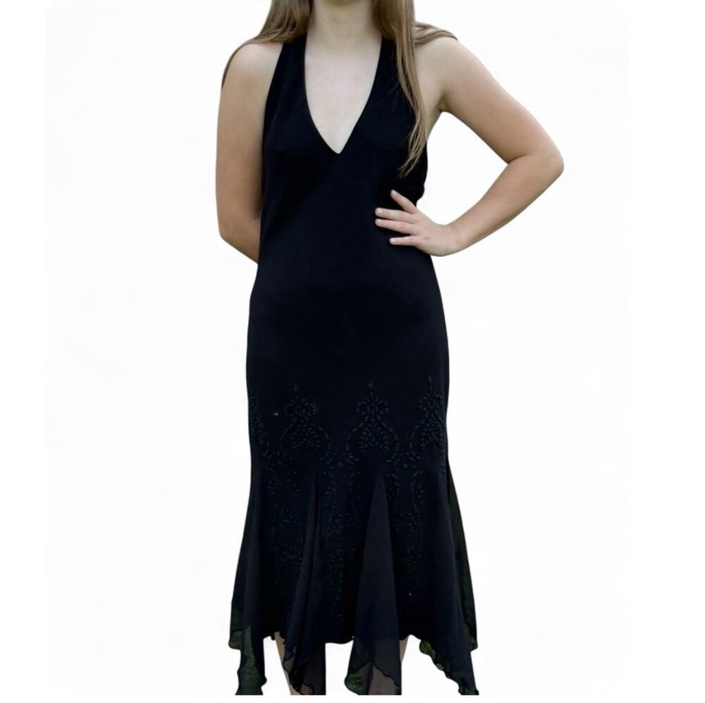 Vintage Y2K SL Fashions Black Beaded Halter Handkerchief Dress Size 8